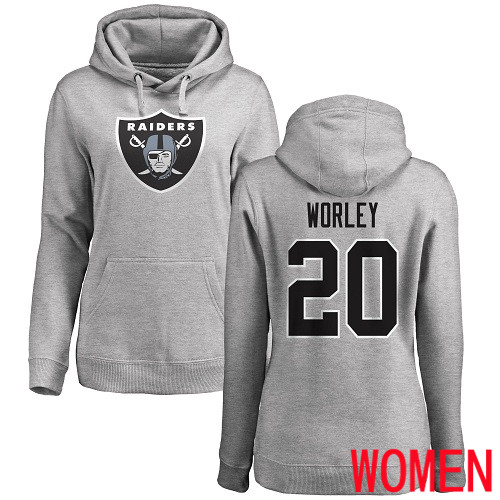 Oakland Raiders Ash Women Daryl Worley Name and Number Logo NFL Football #20 Pullover Hoodie Sweatshirts->women nfl jersey->Women Jersey